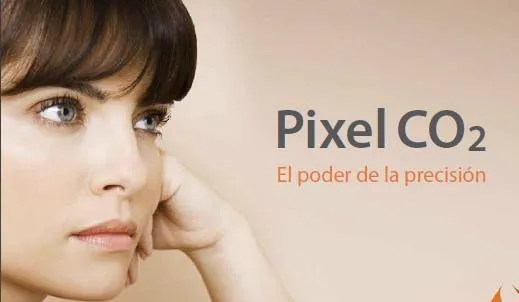 Imagen promocional del láser fraccionado Pixel CO2 junto al rostro de una mujer